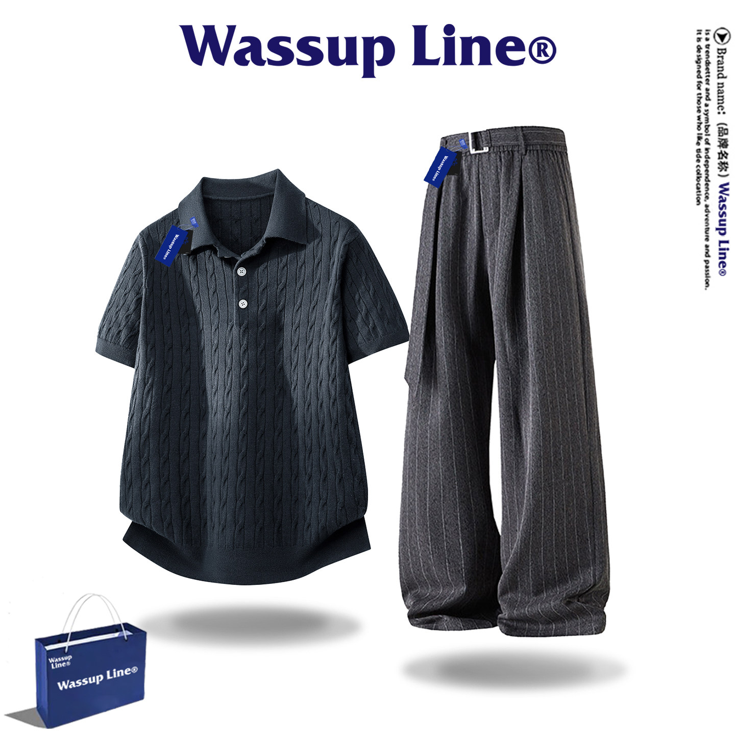 Бренд WASSUP Line tide, повседневный модный костюм, мужская летняя трикотажная футболка с отворотом, брюки, костюм-двойка в стиле old money