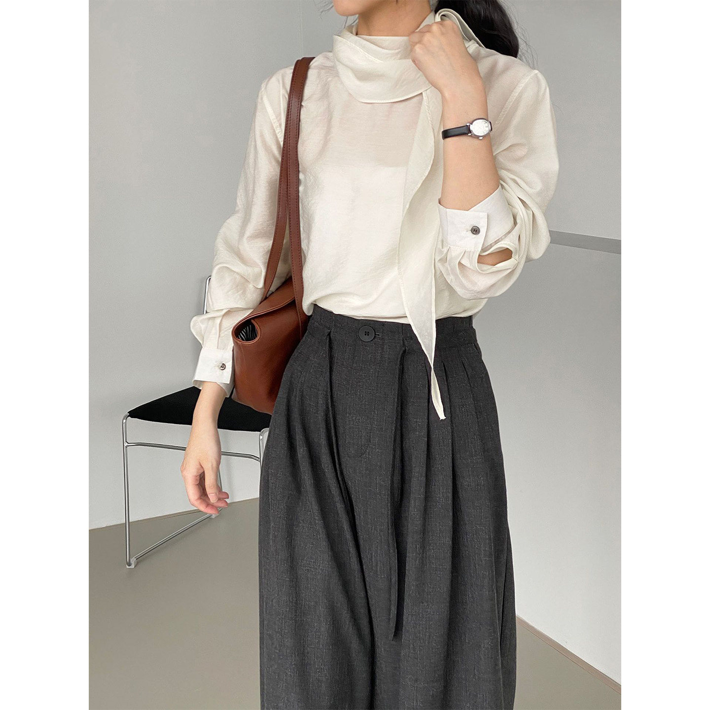 Light-colored ribbon-trimmed, oversized Lyocell Tencel women's blouse, reversible, deconstructed, French-style chic top.