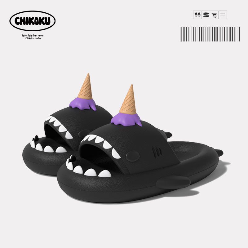 Chikoku Cute Cartoon Shark Couple Slippers, Women's Summer Outdoor Wear, Thick Sole, Non-Slip Indoor Home Sandals, Men's