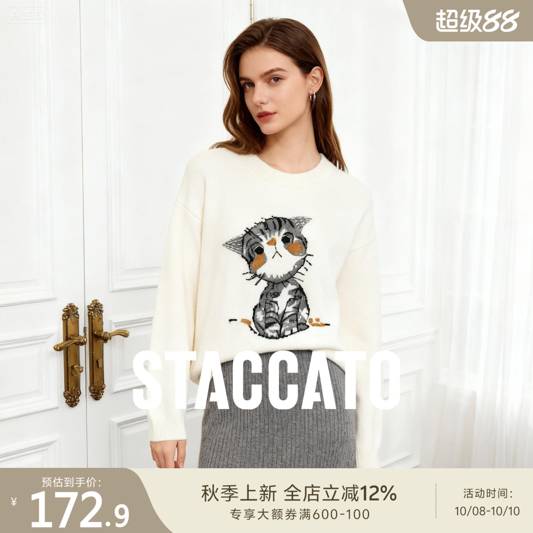STACCATO2025 осенний новый мягкий жаккардовый свитер с милым котом, приятный для кожи, мягкий свободный вязаный простой свитер с круглым вырезом