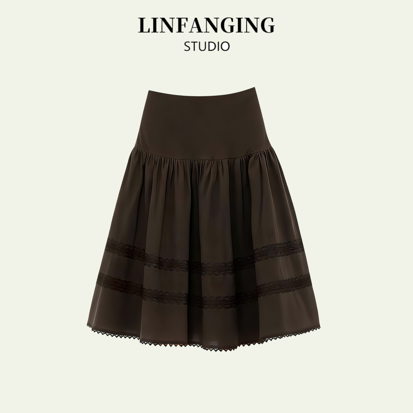 Женская юбка трапециевидной формы LINFANG в корейском стиле с высокой талией, светло-кофейного цвета, с кружевной строчкой, пышная юбка средней длины