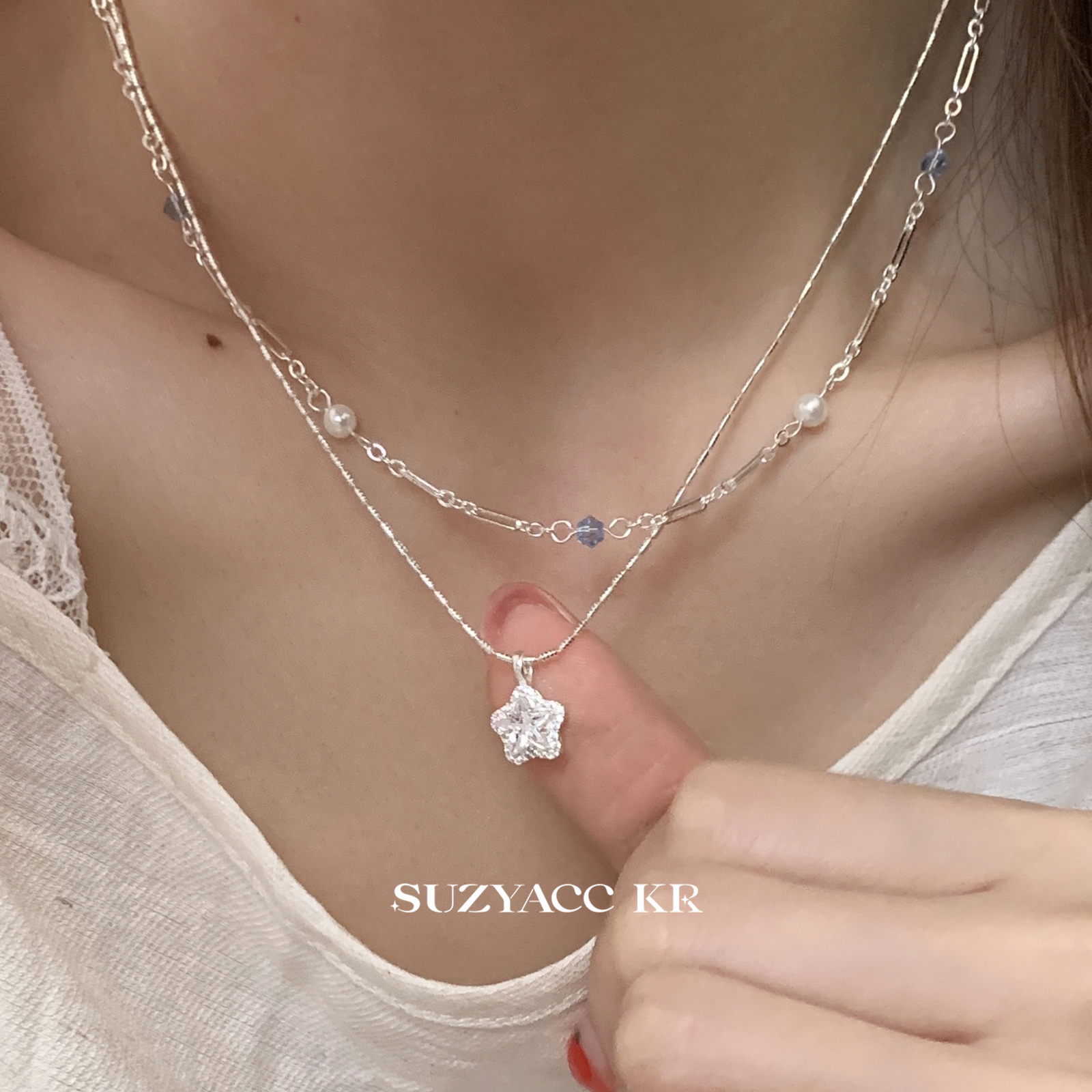 suzyacc kr цирконовая звезда кулон двухслойное ожерелье из бисера нежный темперамент нишевая высококачественная цепочка для ключиц женская