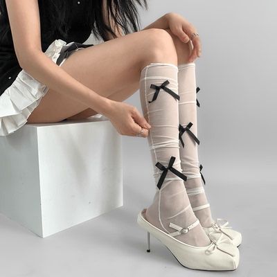 taobao agent 夜间教习室白色丝袜女春秋过膝纯欲风蝴蝶结网纱小腿堆堆袜子超薄