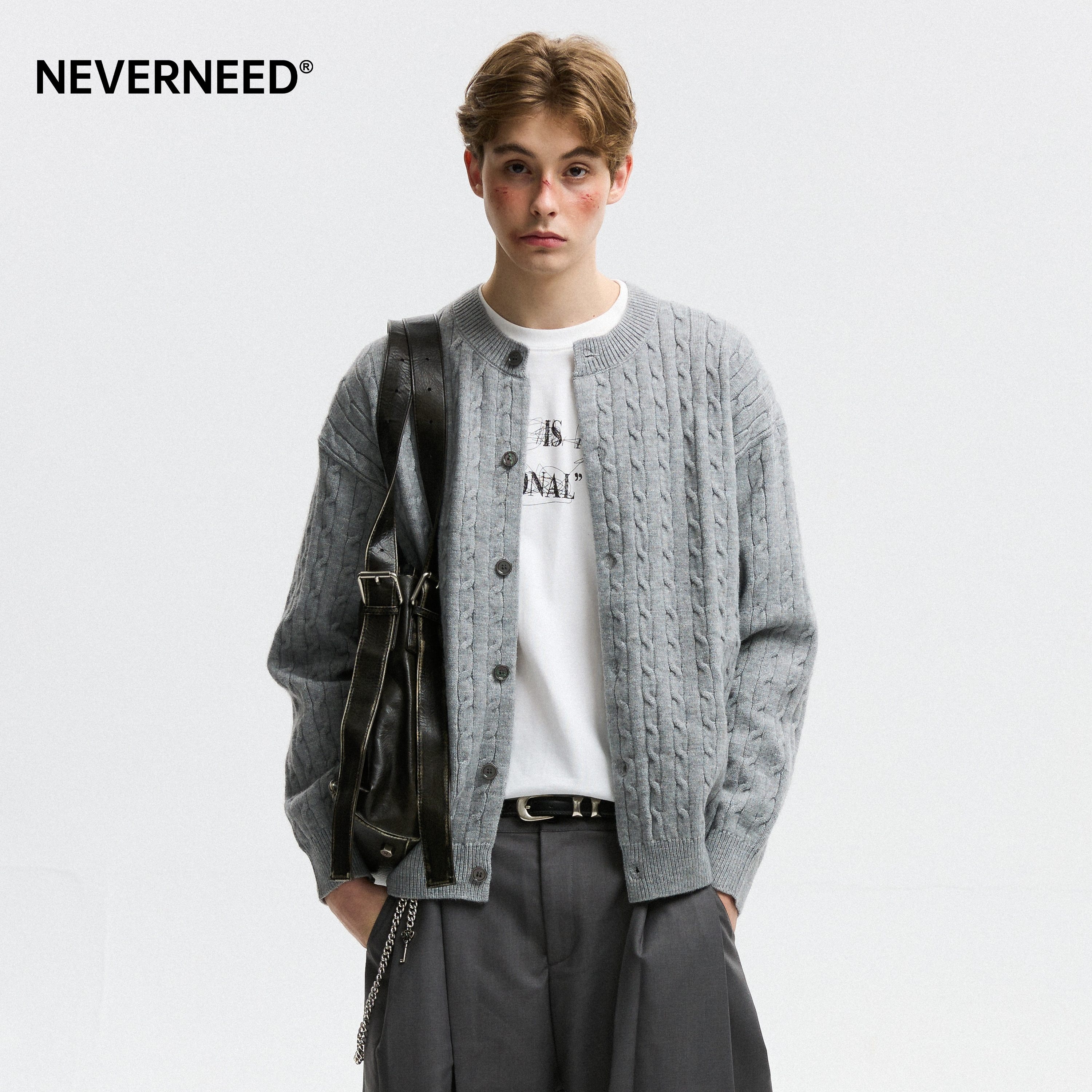 NEVERNEED, кардиган с круглым вырезом и закручивающимися краями, свитер для мужчин и женщин, осенне-зимний свитер для пары в американском ленивом стиле, куртка