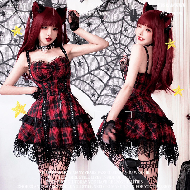 Dark Western Gothic Eurasian Culture Lace Hot Girl Sweet Cool Y2K Red and Black Lolita Dress Performance Costume