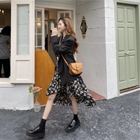 XZOXZO floral dress women's retro design slit, irregular waist, slimming temperament tea break mid-length skirt