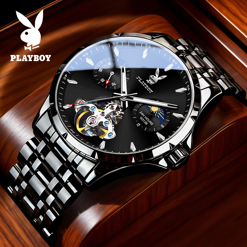 Новые черные часы Samurai Playboy watch, мужские механические часы trend, полые многофункциональные светящиеся часы известного бренда