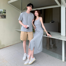 Different French style couple outfits with the same color scheme, waist cinched suspender dress, one piece, one skirt, short sleeved T-shirt INS super hot summer