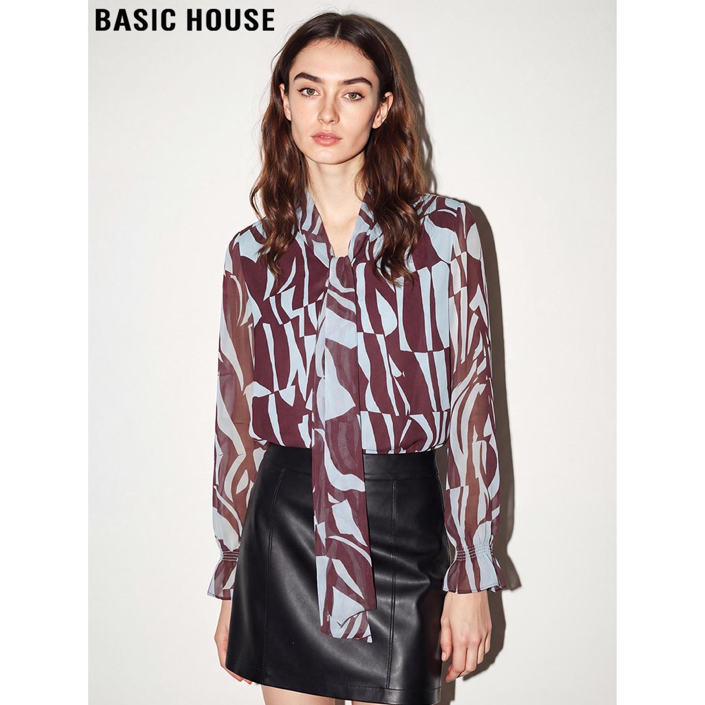 Basic House/百家好 (Baijahhao) Women's Chiffon Blouse with Tie-up, 2026 Autumn New Arrival - Stylish Design