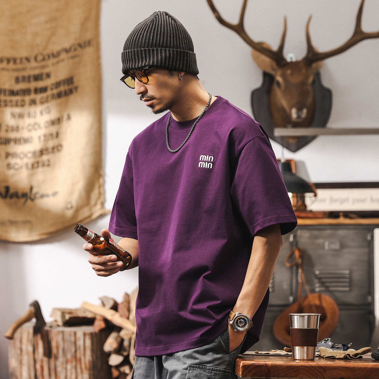 Американская ретро-футболка из плотного хлопка весом 300 г, мужская летняя футболка с короткими рукавами, новинка 2025 года, модный брендовый фиолетовый хлопковый топ