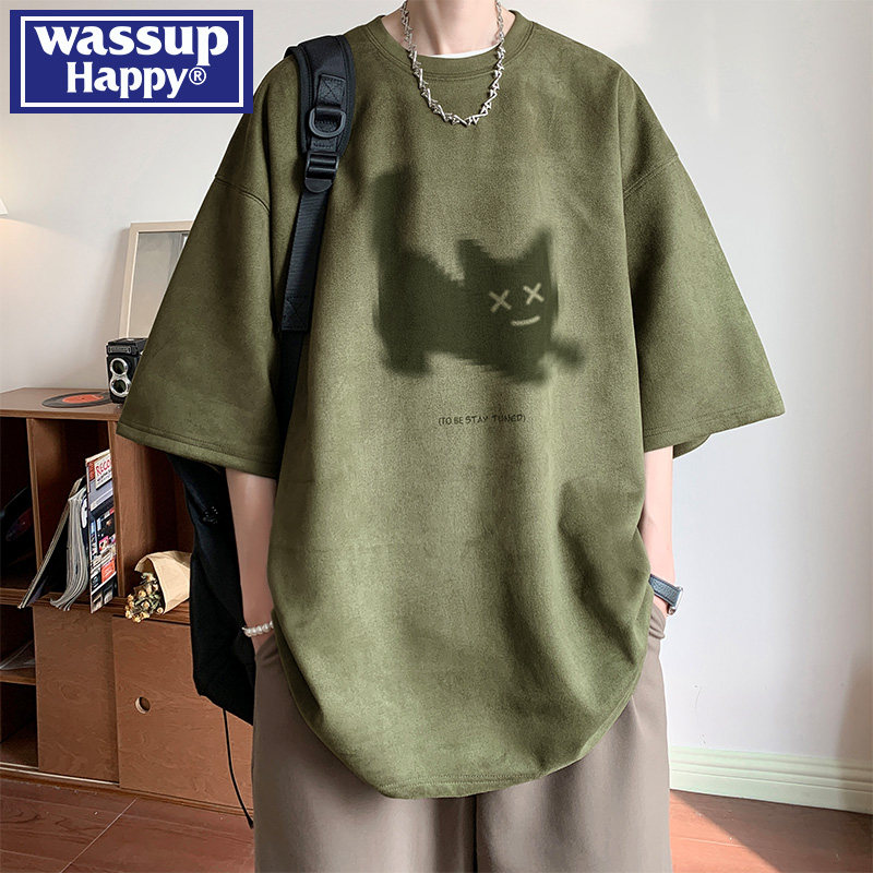 футболка с короткими рукавами wassup happy suede kitten, мужская летняя модная брендовая свободная повседневная футболка с короткими рукавами и пятью точками