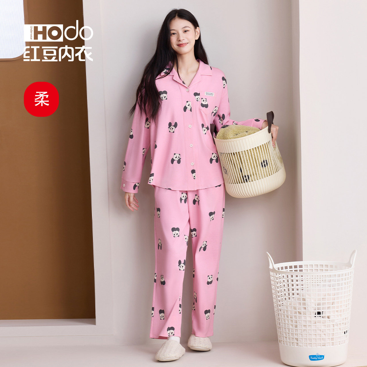 Womens Pure Cotton Pajamas Red Bean Pink Panda Home Clothes