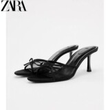 ZARA2025 летние босоножки на высоком каблуке с бантом из сетки, женская верхняя одежда черного цвета, босоножки и тапочки Muller 3342310800