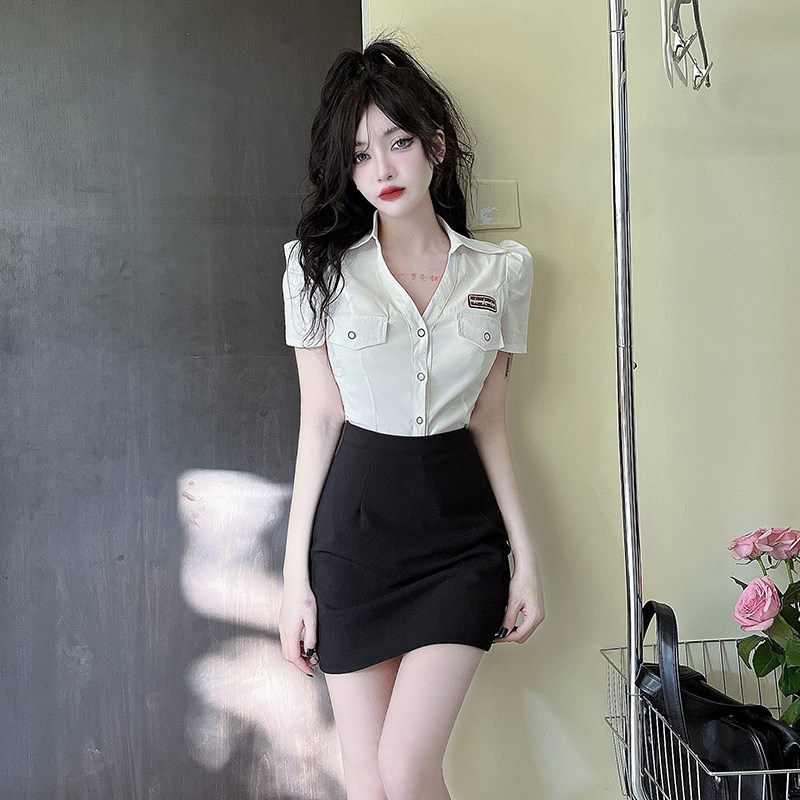 V-neck sexy slim-fitting white shirt, short-sleeved blouse, pencil skirt, professional suit, OL uniform, work clothes