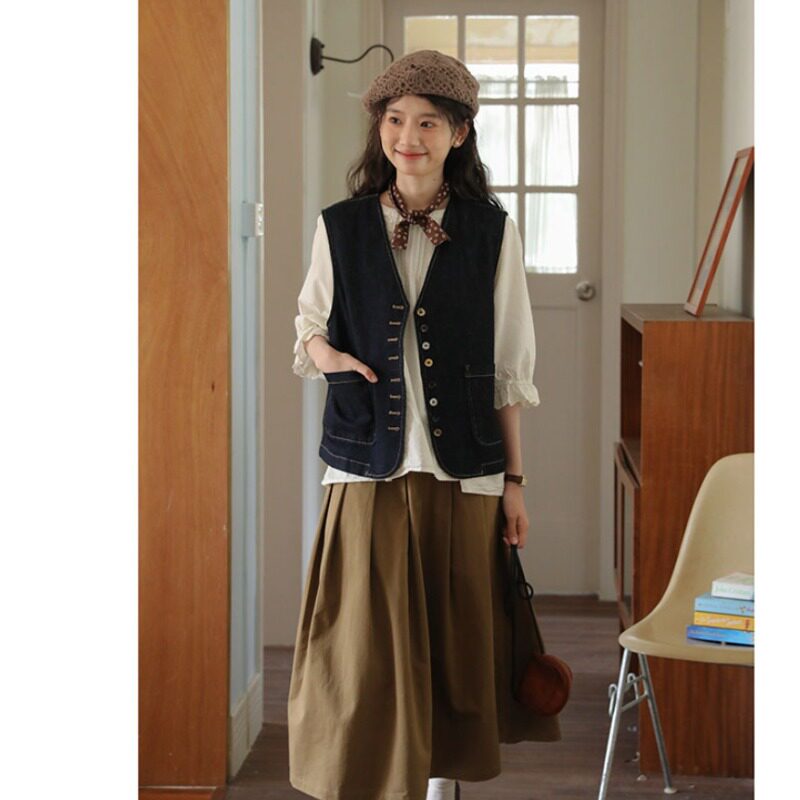 Japanese-style preppy style outerwear layered denim vest for women, 2026 autumn new style.