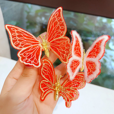 taobao agent 古风红色刺绣蝴蝶发夹灵动发饰儿童中国风汉服头饰女孩新年发卡