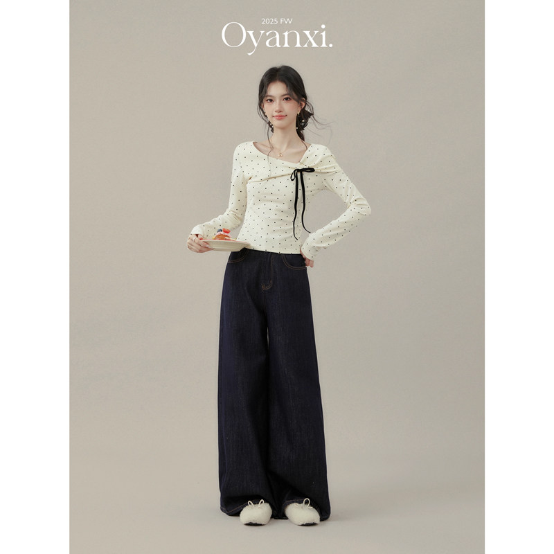 Ouyang happy's "Moment of Heartbeat" Bow-Tie Polka Dot Long-Sleeve T-Shirt, New Spring Style, Women's Innerwear Top, Slim Fit