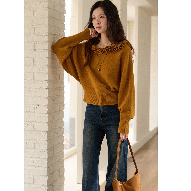 Женский свитер с оборчатым воротником Mystery show, коллекция 2025 года, осень-зима, новый женский свитер с рукавами-фонариками, милый ленивый свитер в стиле ретро, женский
