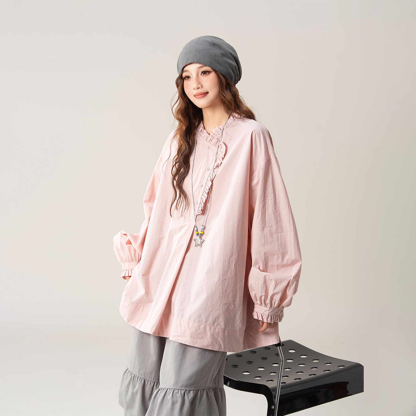 【Pink Smoke Cuts Dreams】Irregular Ruffled Edge Long-Sleeved Shirt for Women, New Spring Style, Sweet and Relaxed Artistic Top