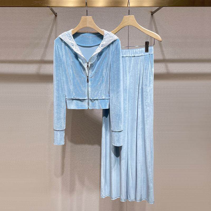 Корейский модный костюм sense of wear, коллекция 2026 года, весенне-осенний кружевной топ с капюшоном и широкими брюками, спортивный костюм-двойка