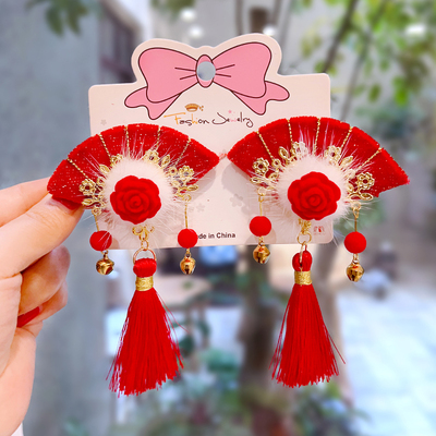 taobao agent 中国风汉服头饰儿童发夹小女孩复古唐装红色扇子流苏发饰宝宝发卡