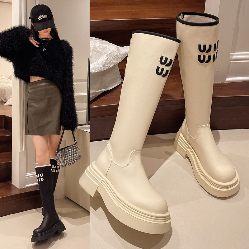 Женские эластичные сапоги до колена на толстой подошве и толстом каблуке; новинка осени и зимы 2025 года; мотоциклетные сапоги с буквенным принтом, увеличивающие рост.