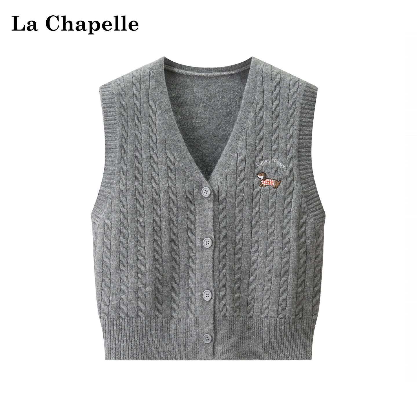 La Chapelle V-neck embroidered knitted vest, women's preppy style, cartoon puppy, winter layered vest top