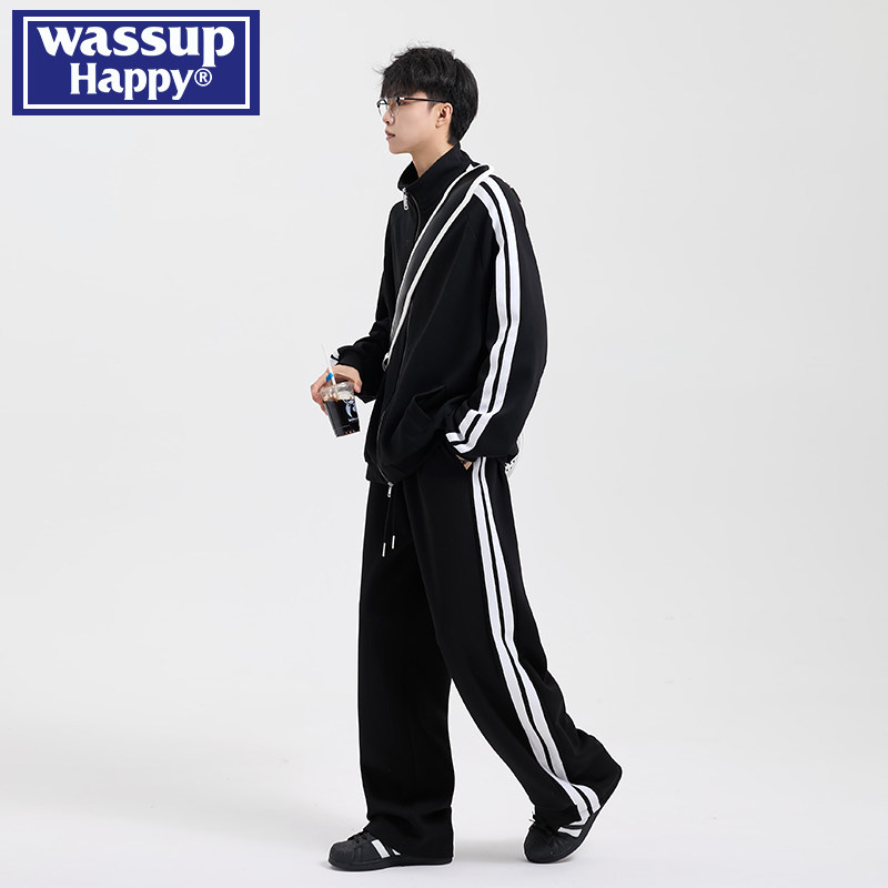 спортивный костюм в контрастную полоску wassup happy, мужской осенне-зимний свободный повседневный свитер, спортивные штаны, костюм-двойка