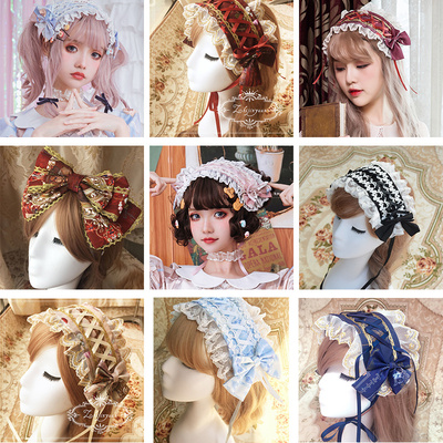 taobao agent 织锦园Lolita原创头饰蕾丝印花系带粉酒红黑白蝴蝶结kc发带现货