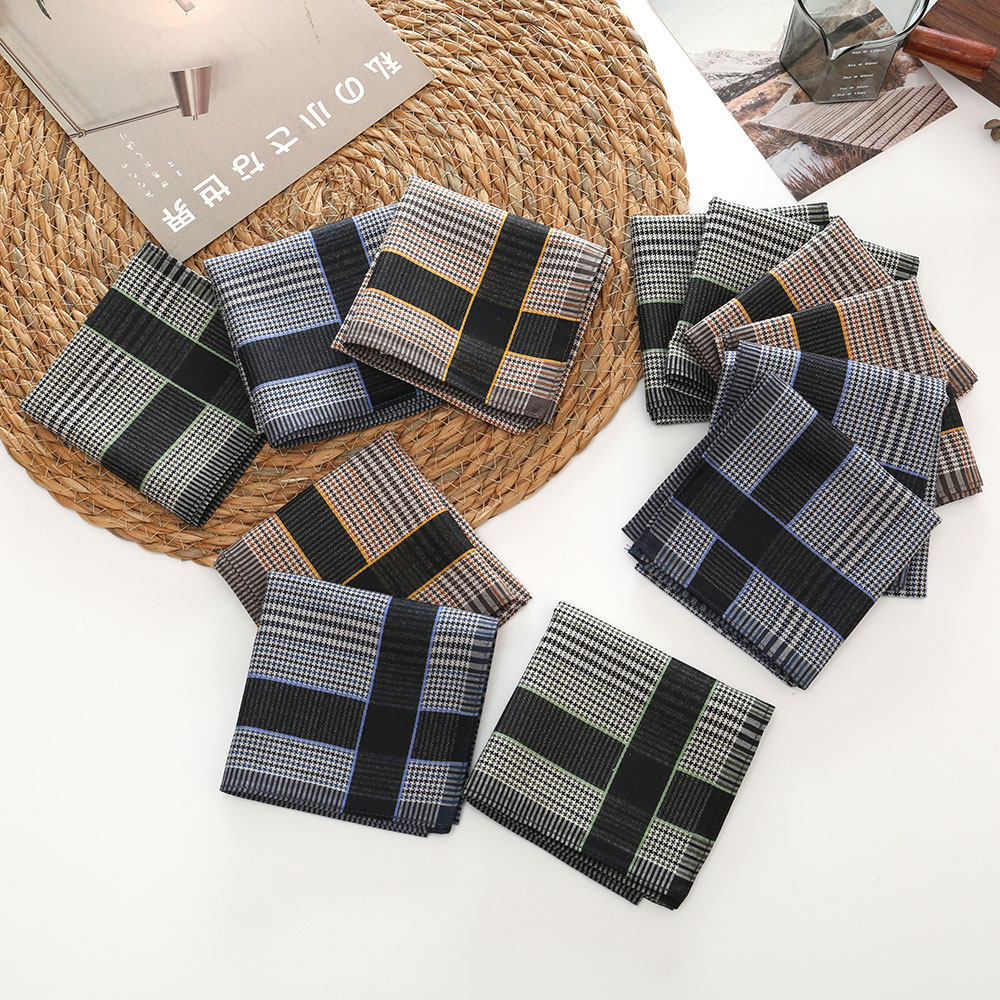 43cm Classic Checkered Color Block Handkerchief for Men, Pure Cotton Yarn-Woven Handkerchief, Vintage Style, Thin, Absorbent, and Sweat-Wiping Handkerchief