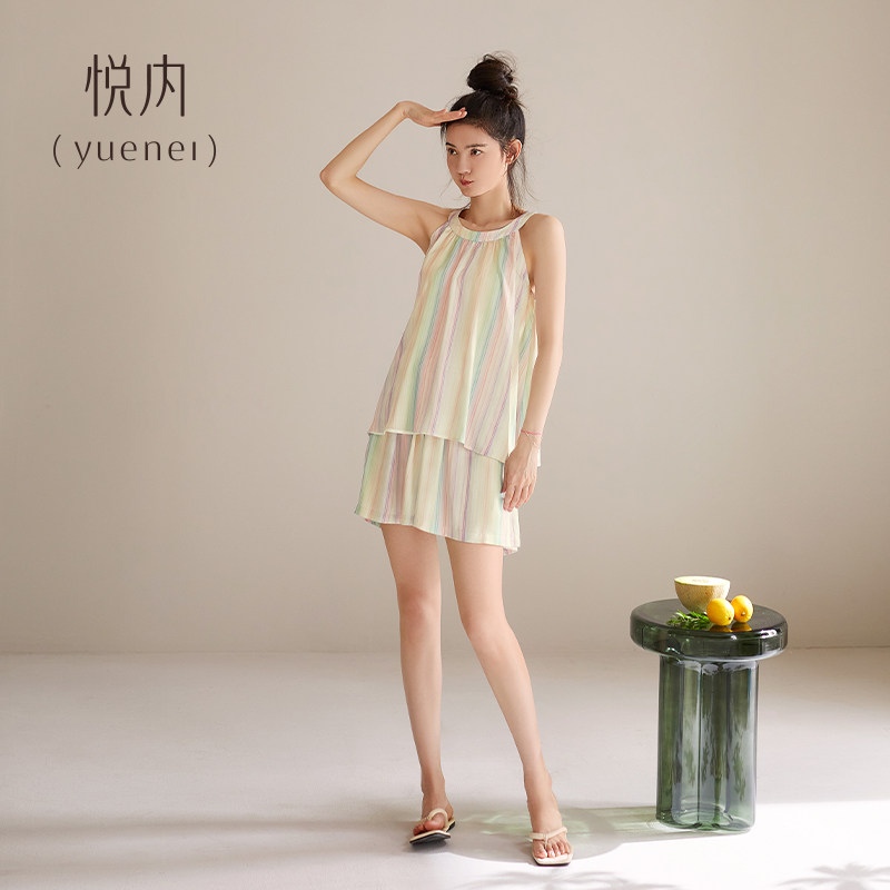 Пижама Yue Nei с нагрудными накладками, женские летние подтяжки из ледяного шелка, жилет без рукавов, шорты, домашняя одежда, модные цветные полоски