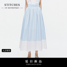 STITCHES, A Style Long Skirt for Women 2024 Spring/Summer Blue Contrast Panel Design A-line Half skirt