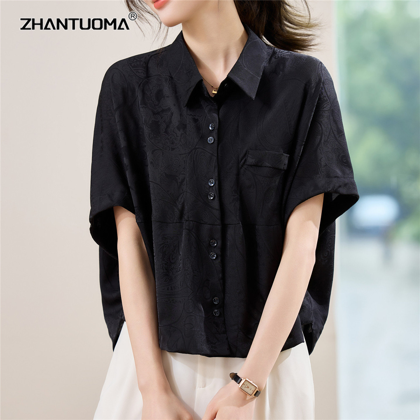 Women's chiffon batwing sleeve blouse, 2026 summer new style, light luxury fashion, irregular style, casual loose top.