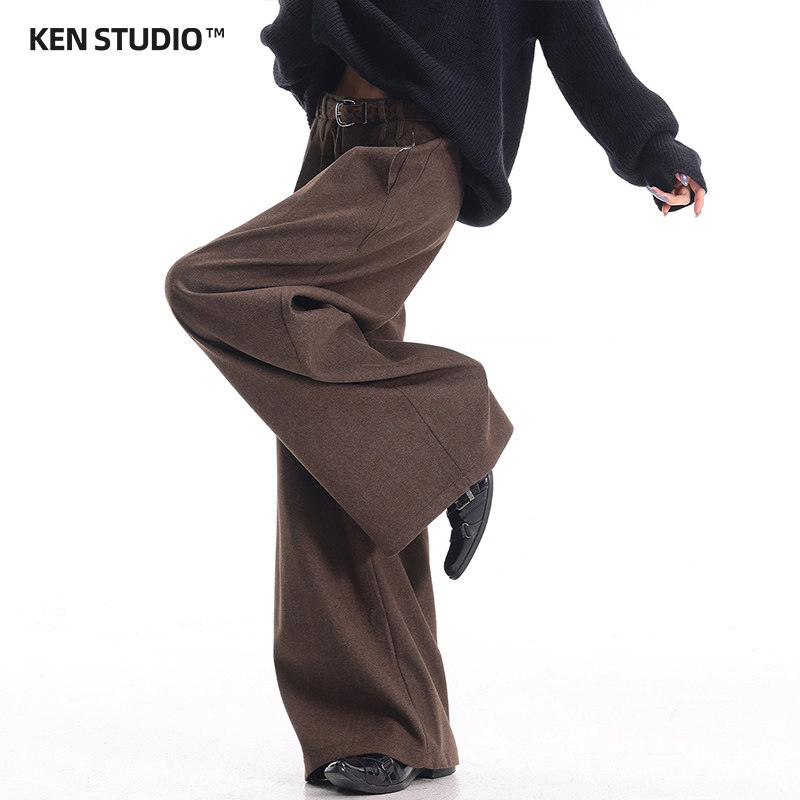 KEN STUDIO, осень-зима, новый стиль, стиль old money, кофейного цвета, костюмные брюки с матовой отделкой, женские повседневные брюки в стиле ретро с широкими штанинами