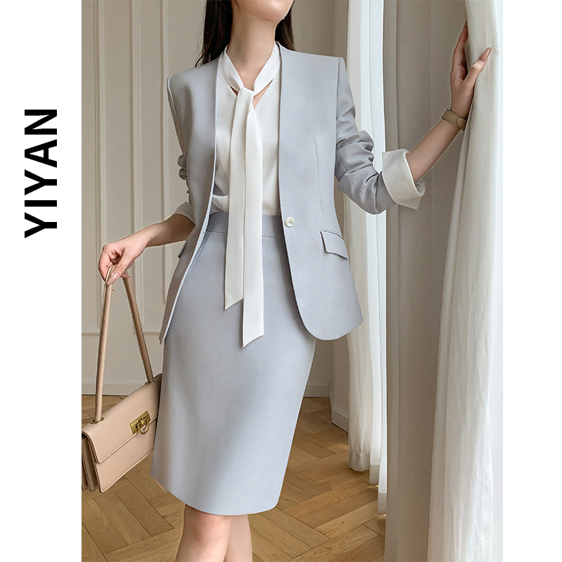 Костюм без воротника, женский весенне-осенний повседневный костюм, рабочая одежда для поездок на работу, официальная одежда для собеседования с государственным служащим, юбка