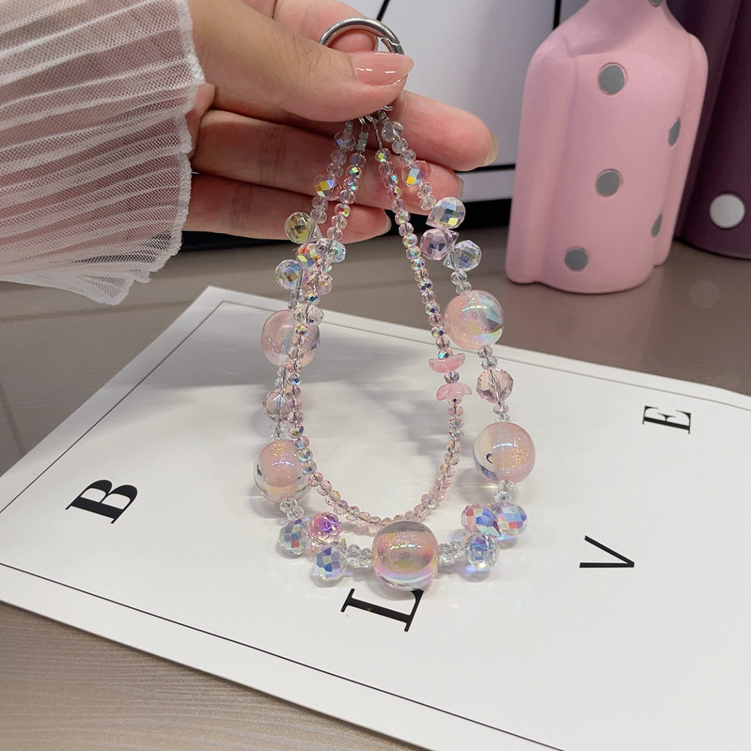 Fairy Pink Glowing Starry Sky Bead Double Layer Sparkling Crystal Phone Chain Short Wrist Phone Pendant