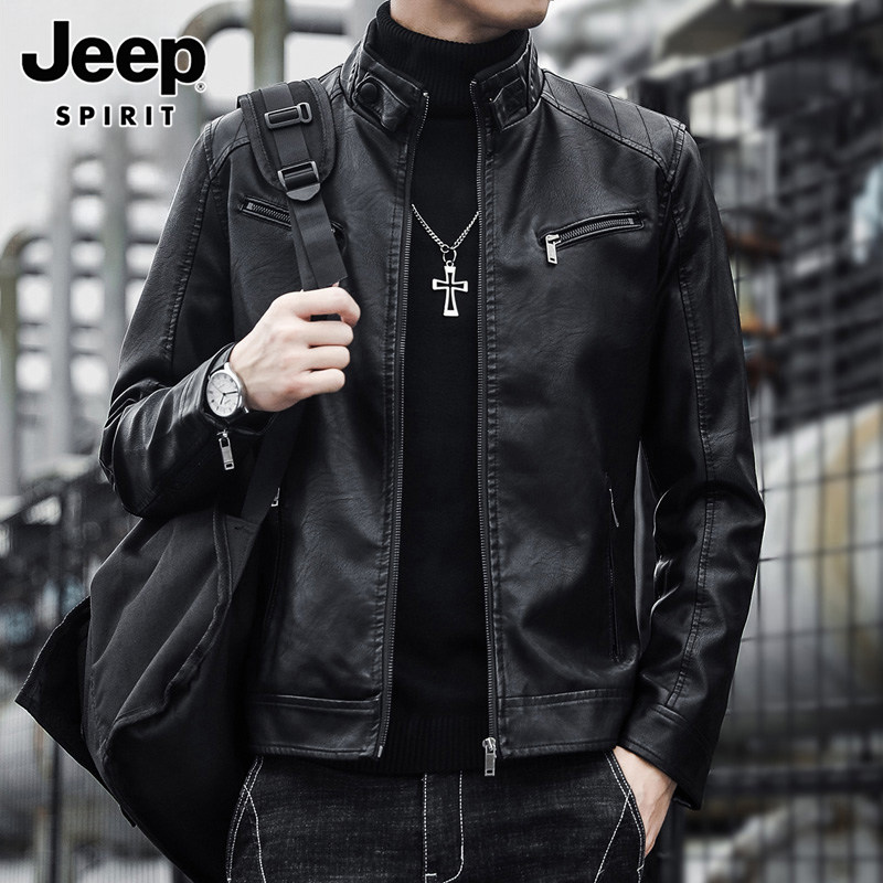 Кожаная куртка JEEP Jeep со стоячим воротником, мужская осенняя новинка 2026 года, ветрозащитная куртка с воротником-стойкой, красивая мотоциклетная куртка, кожаная куртка