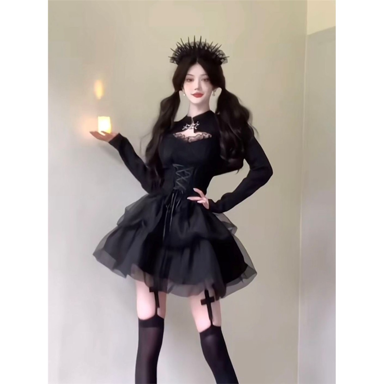 Sexy hot girl! Halloween cosplay costume: angel and devil suspender top with padded bra and tutu skirt, dark style.