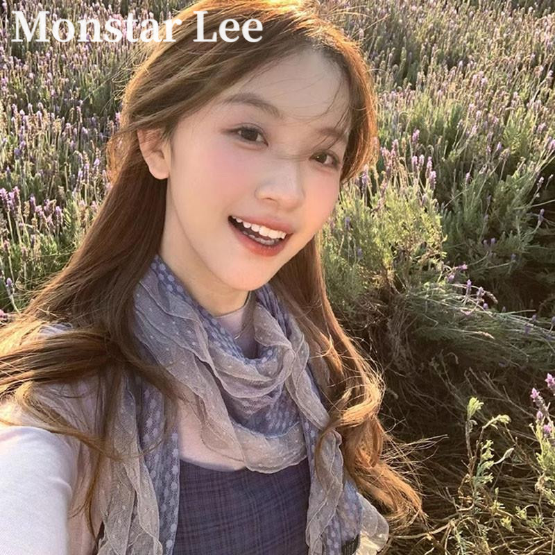 Monstar Lee's Grey-Blue Polka Dot Lace-Trimmed Scarf for Women, as worn by the legendary Fujii Shu.