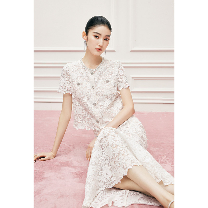 MandyZhang floating flower shadow серия Zhenpin белая рубашка с короткими рукавами, блузка, женский темпераментный кружевной костюм, юбка