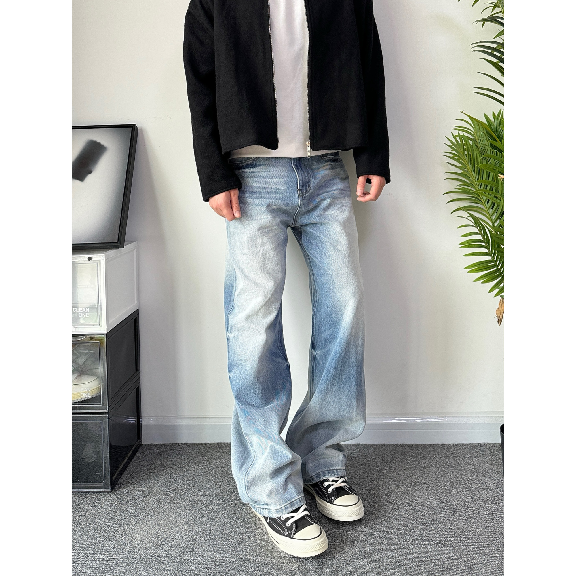 МУЖСКИЕ джинсовые брюки cleanfit прямого силуэта POPLAR CLASSIC washed Cow King cream retro ice blue