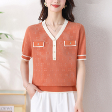 Xiao Xiangfeng Short sleeved Knitted Shirt Summer V-neck Mulberry Silk T-shirt Middle aged Female Mom Western Style Thin Bottom Top