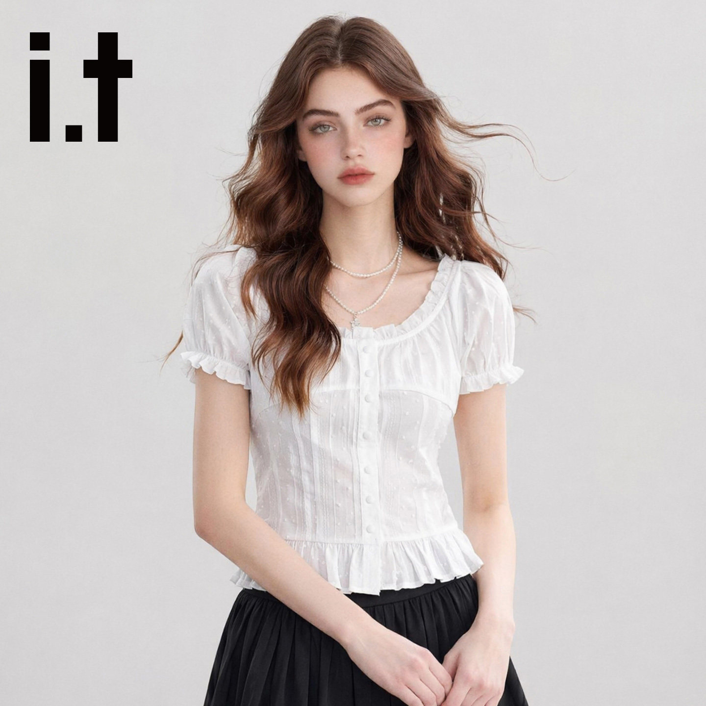 it ccaabb French sweet style square neck shirt for women, summer 2026 new style, ruffled slimming puff sleeve top