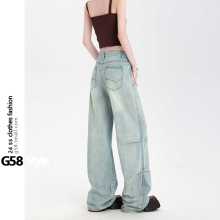 American style nostalgic wide leg jeans, women's loose fitting high waisted summer thin style 2024 new drape pleated floor mop pants