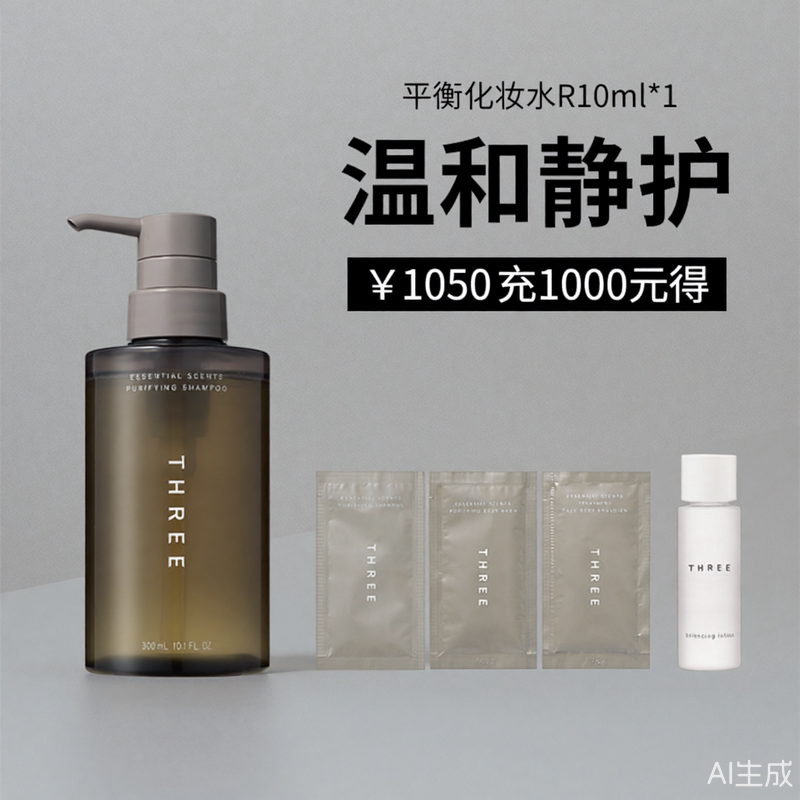 Шампунь THREE pure moisturizing shampoo, контролирует жирность, делает волосы пушистыми, борется с перхотью и зудом, придает эластичность, улучшает завивку, сушит и питает