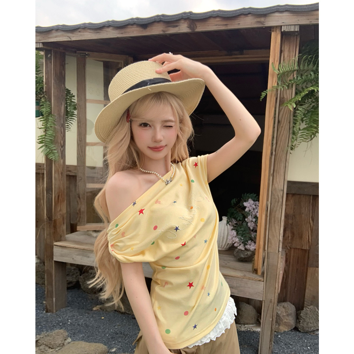 Женская летняя футболка с короткими рукавами Bai Xiaoyu Korean sweet girl pink star, диагональная футболка с короткими рукавами, приталенный топ с открытыми плечами