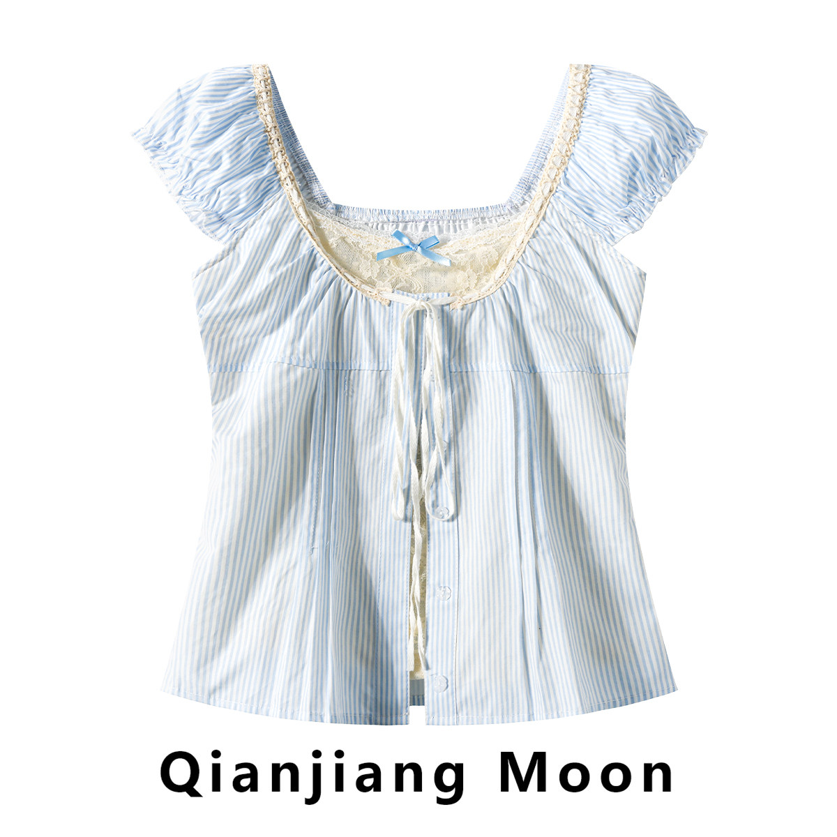 French-style lace-trimmed puff-sleeve blouse for women, summer style, bow tie, faux two-piece design top.
