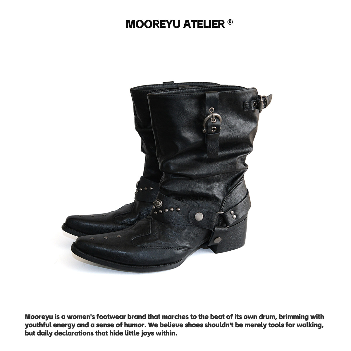 Короткие сапоги в западном стиле оригинального дизайна от Mooreyu Atelier; женские черные рыцарские сапоги с острым носком из воловьей кожи на толстом каблуке