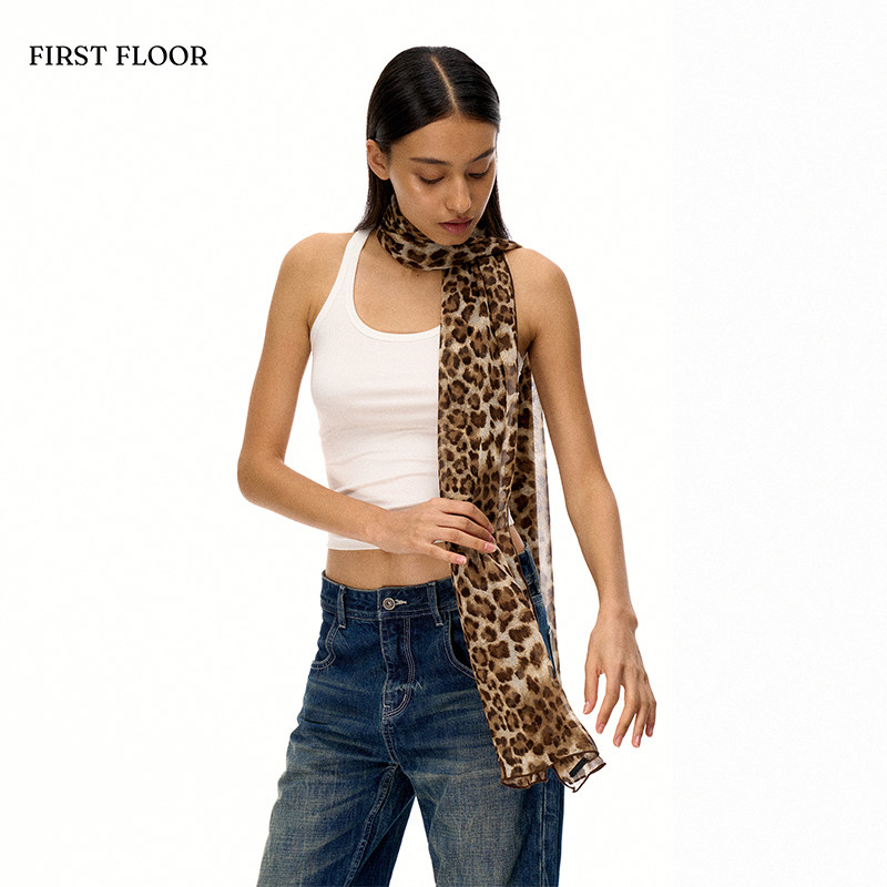 FIRSTFLOOR A light and airy leopard print/plaid two-tone printed breathable scarf accessory.