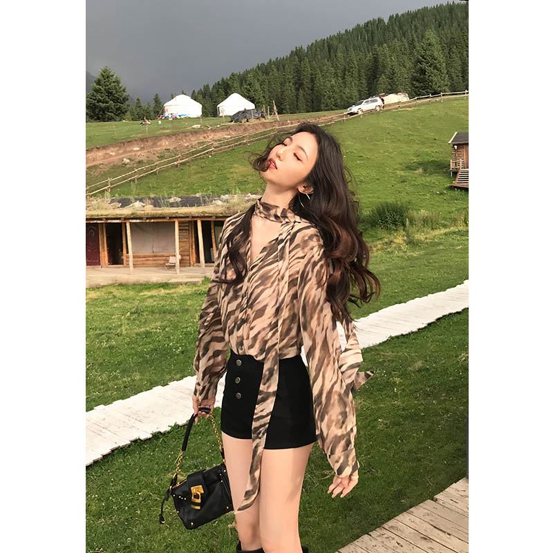 MULVAN Wild and Entangling Brown Leopard Print V-Neck Long-Sleeved Printed Shirt for Women, Chic and Lightweight Style
